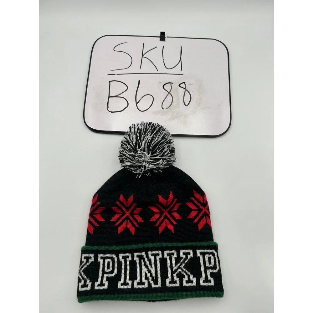 Victorias Secret PINK Beanie Hat Black Red Snowflake Fair Isle Pom Pom Knit
